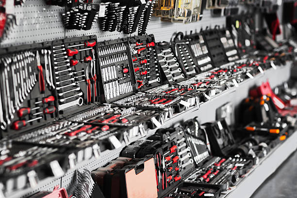 Showcase of tool store. Toolboxes and toolkit in the shop